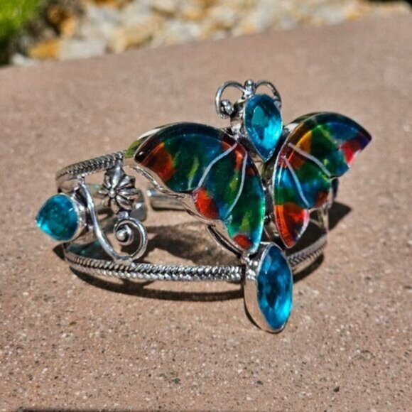 Dichroic Glass ✦ Butterfly Cuff Bracelet ✦ S925 Sterling Silver Topaz Accent NWT main image 13